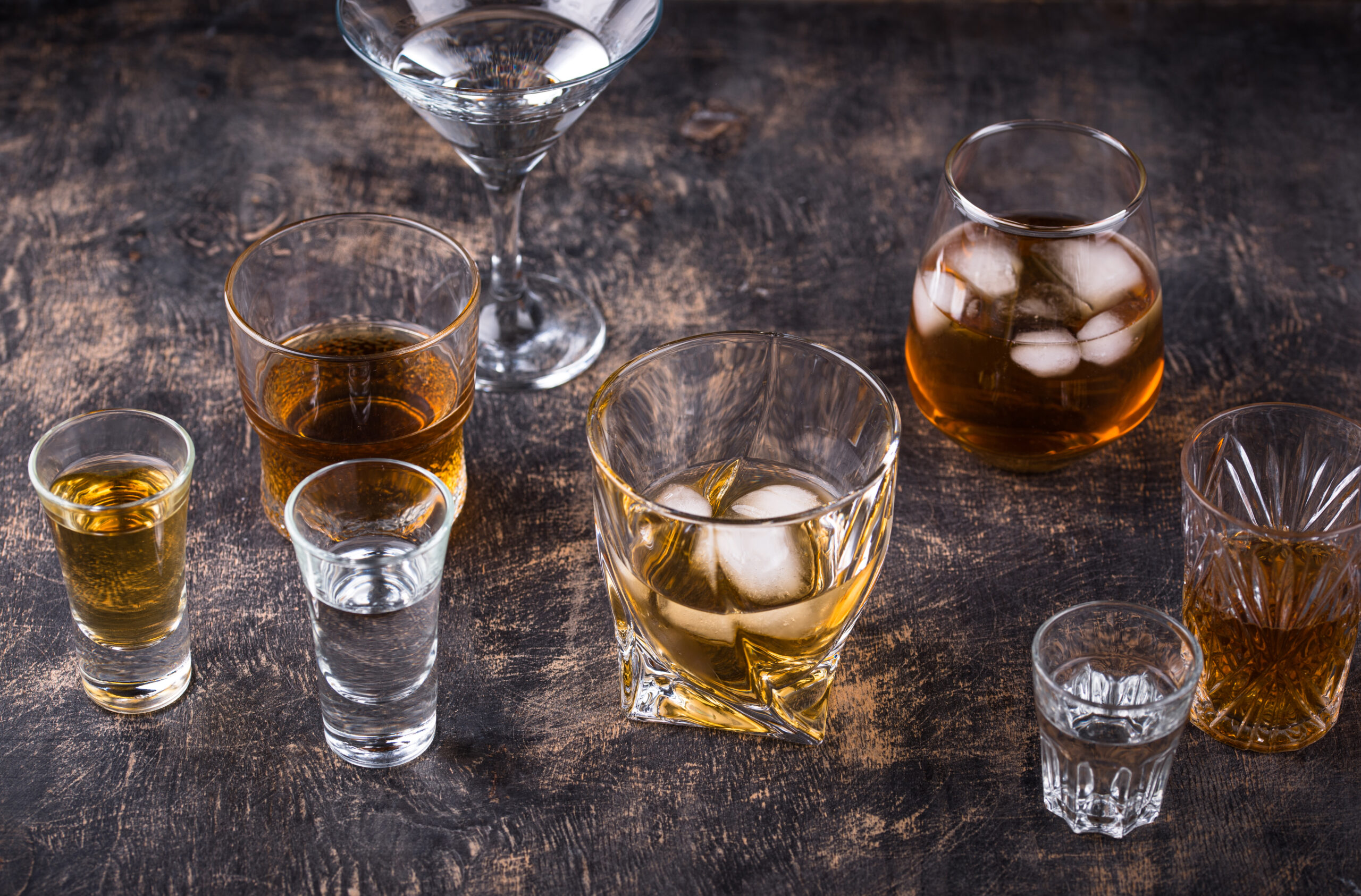 assortment of various strong alcohol drinks